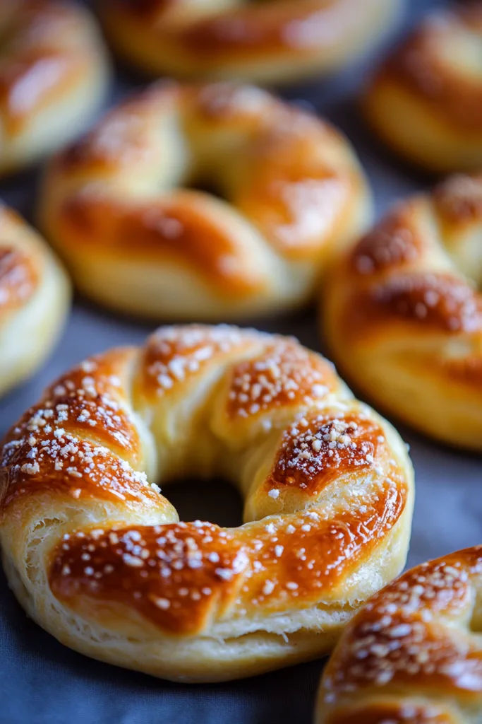 Closeโup of circular baked goods, golden crust glistening under a thin egg wash.