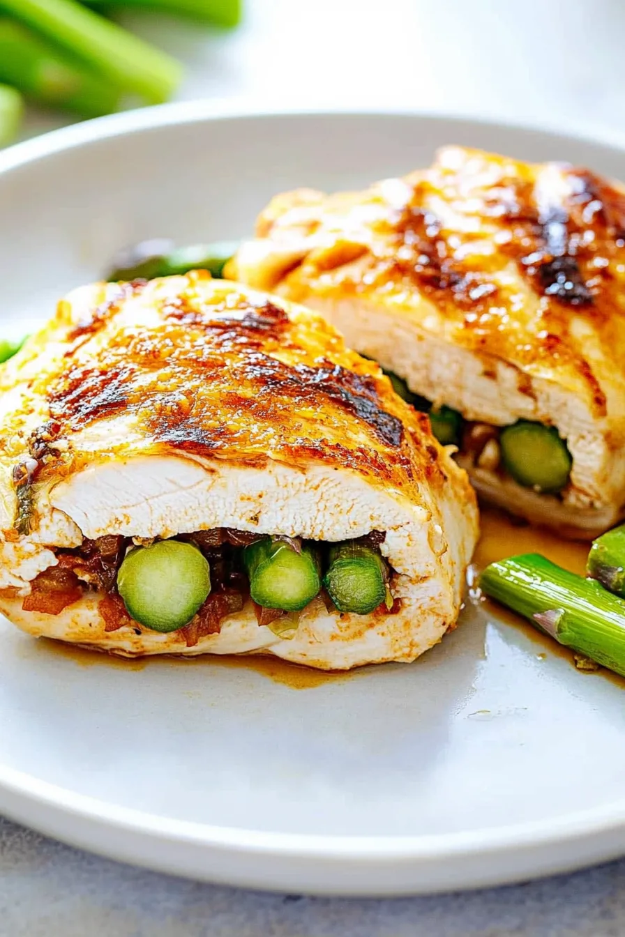 Golden-brown chicken breast sliced open to reveal asparagus filling.