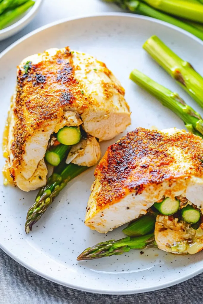 Juicy chicken breast with asparagus tucked inside, styled simply on a dinner plate.