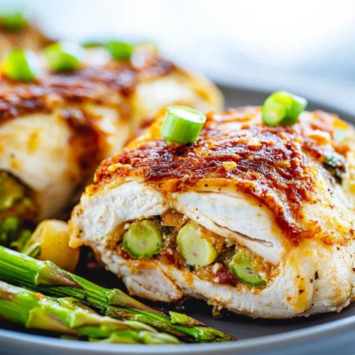 Plated chicken breast garnished with chopped green onions and served with asparagus spears.