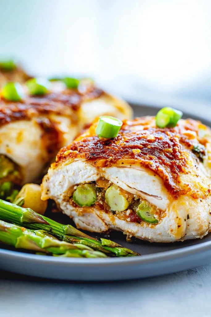 Plated chicken breast garnished with chopped green onions and served with asparagus spears.