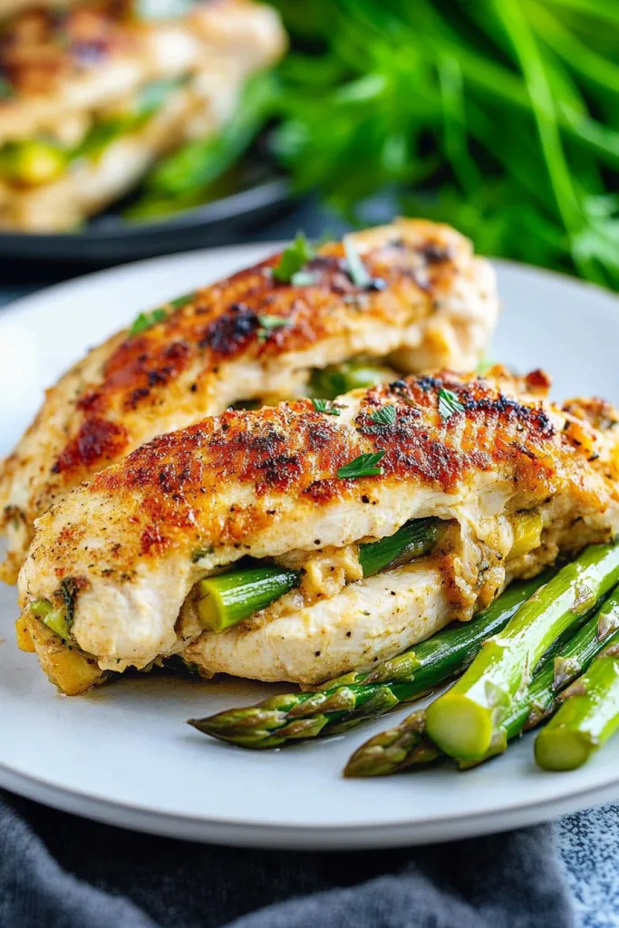 Close-up of baked chicken with crisp exterior and vibrant green vegetables inside.