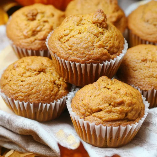 Golden muffins in paper liners on a rustic cloth, surrounded by small pumpkins and autumn leaves.