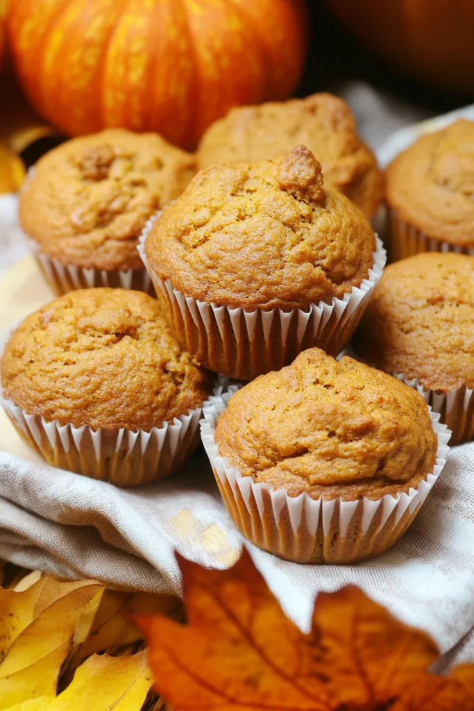 Golden muffins in paper liners on a rustic cloth, surrounded by small pumpkins and autumn leaves.