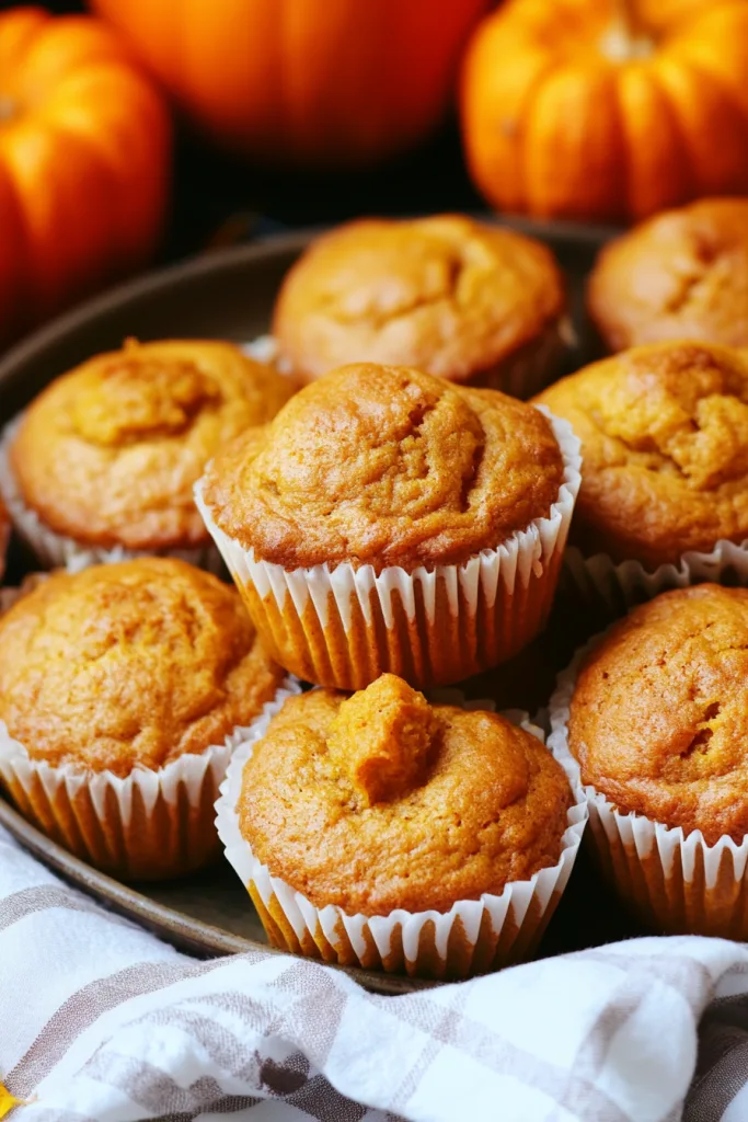 A batch of seasonal muffins displayed with pumpkins in the background for a harvest feel.