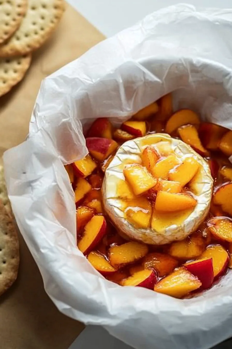 Rustic presentation of brie and peaches on parchment, highlighting the sweet and savory contrast.