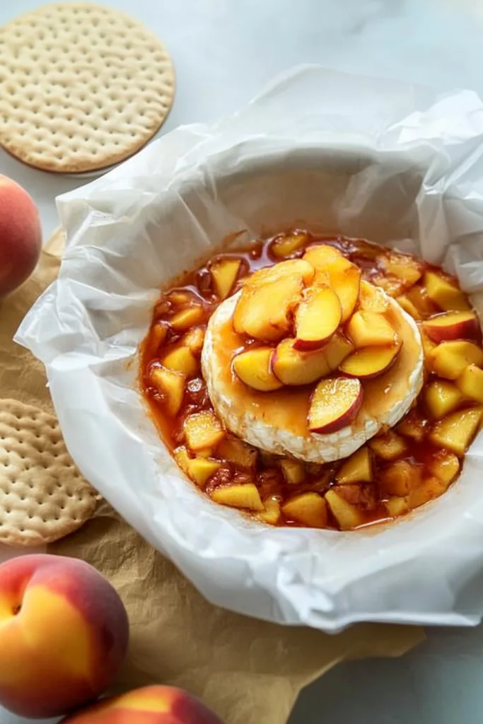 Warm brie with caramelized peach topping, served straight from the oven.