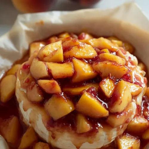 Overhead view of baked brie surrounded by whole peaches in the background.