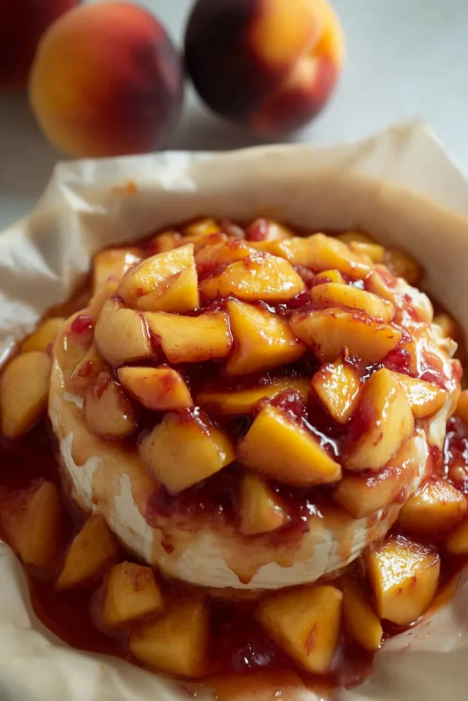 Overhead view of baked brie surrounded by whole peaches in the background.