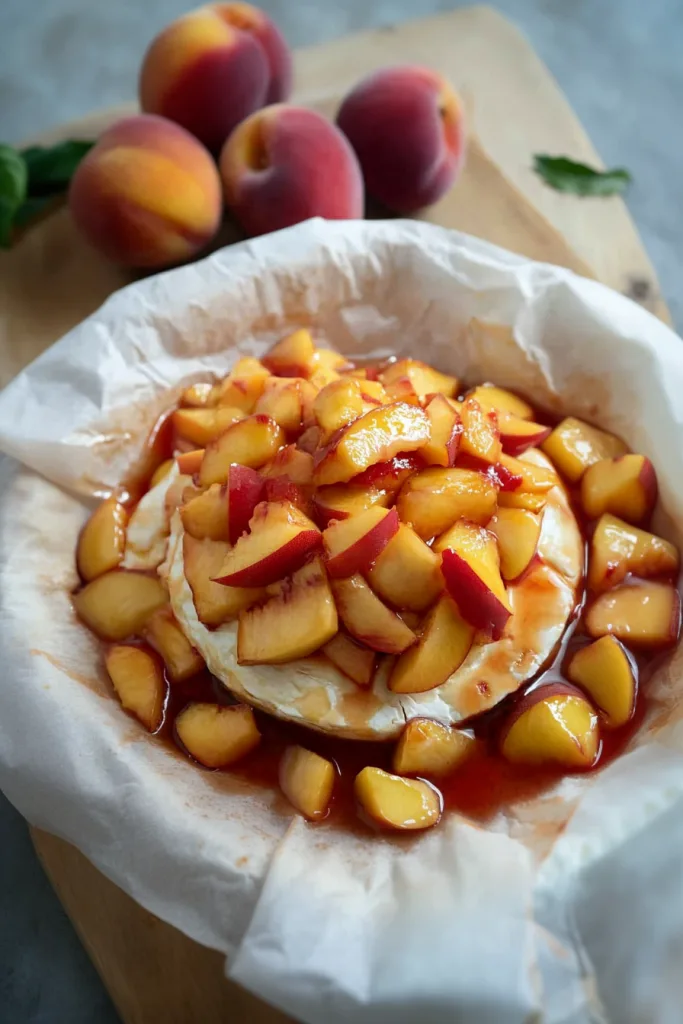 Round wheel of brie topped with glossy diced peaches, resting on parchment paper.