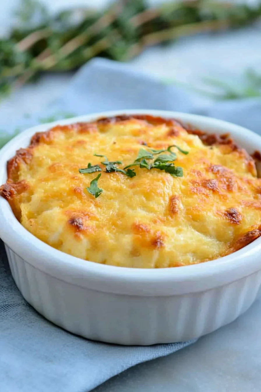 Final presentation of warm, cheesy grits with lightly browned topping and herb accents.