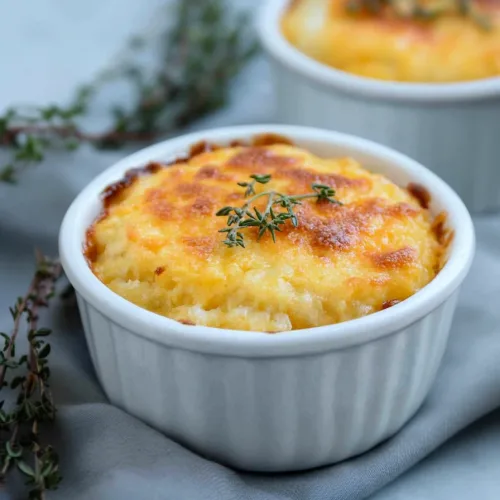 Individual ramekin of baked cheese grits highlighting rich texture and golden surface.