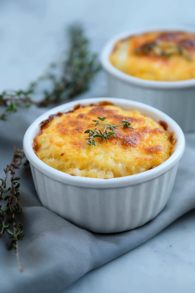 Individual ramekin of baked cheese grits highlighting rich texture and golden surface.