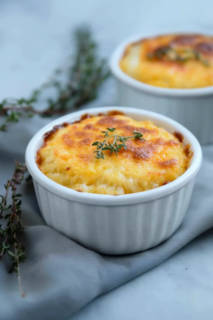Individual ramekin of baked cheese grits highlighting rich texture and golden surface.