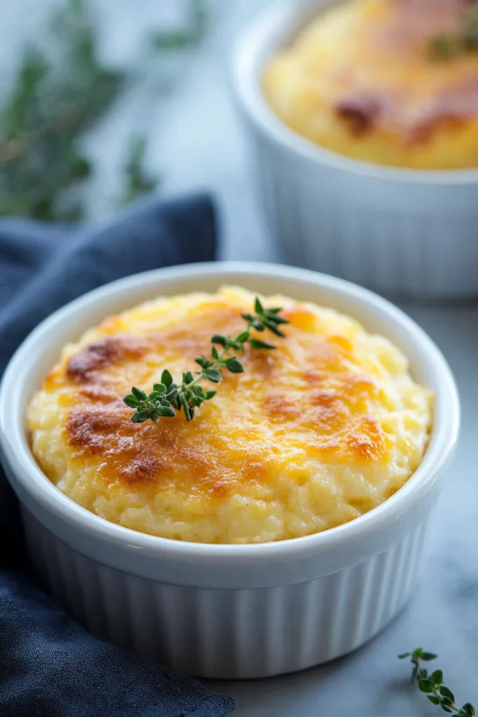 Comforting baked casserole with browned top layer and parsley garnish.