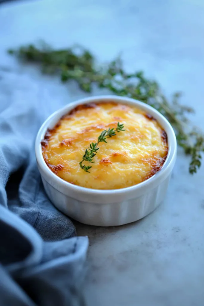 Golden-brown baked dish in a white ramekin, topped with melted cheese and fresh herbs.
