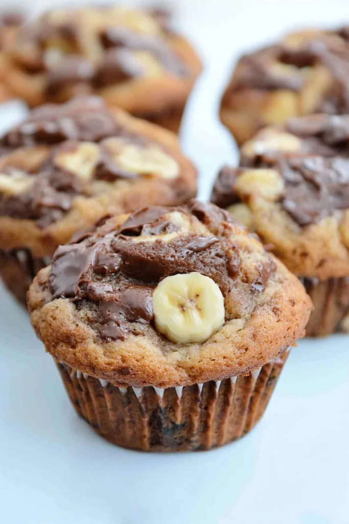 Batch of warm muffins arranged on a white surface, highlighting rich chocolate topping.