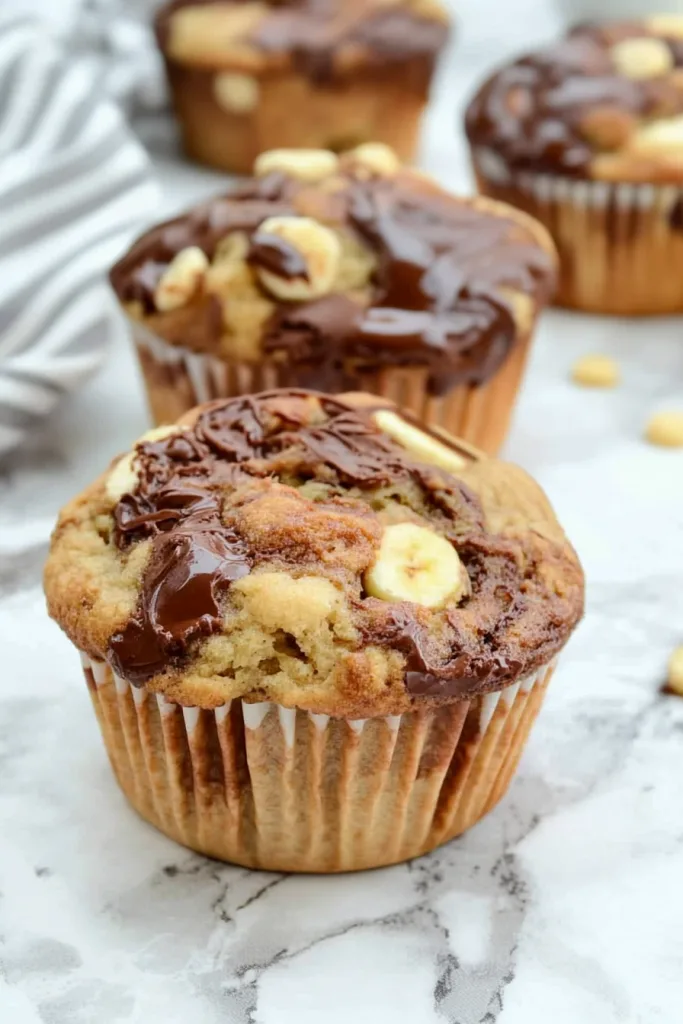 Freshly baked muffins topped with melted chocolate and banana slices in paper liners.