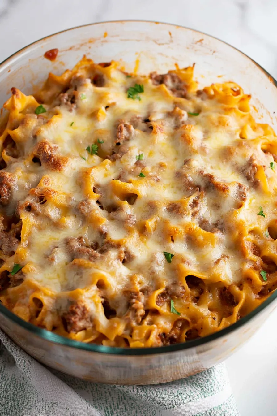 Comforting baked pasta dish with visible layers of noodles, beef, and sauce beneath a cheesy crust.