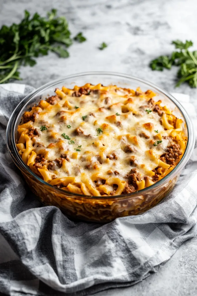 Rustic casserole presentation highlighting browned edges, creamy layers, and vibrant garnish.