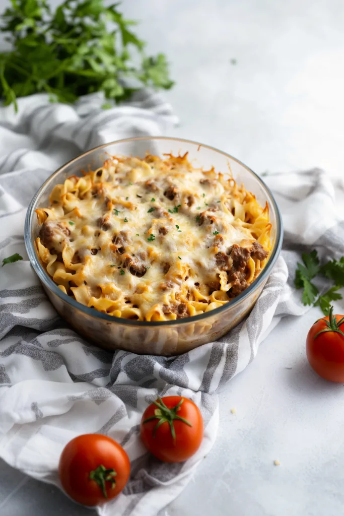 Layers of noodles, savory ground beef, and tomato sauce baked together for a hearty family meal.