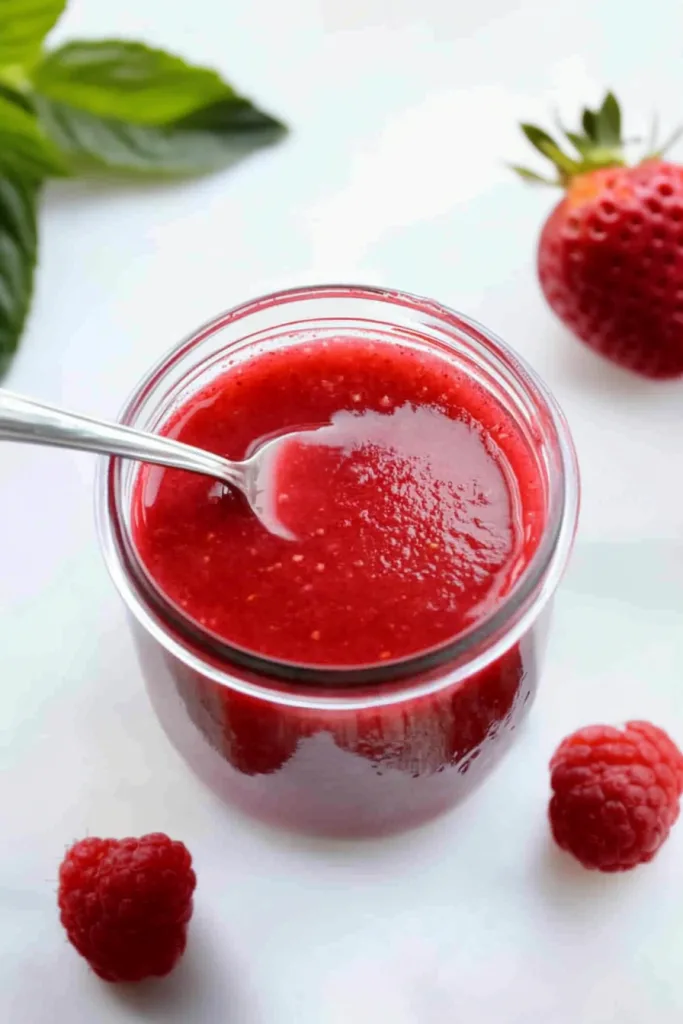 Glossy red sauce served in a white bowl with a silver spoon resting inside.