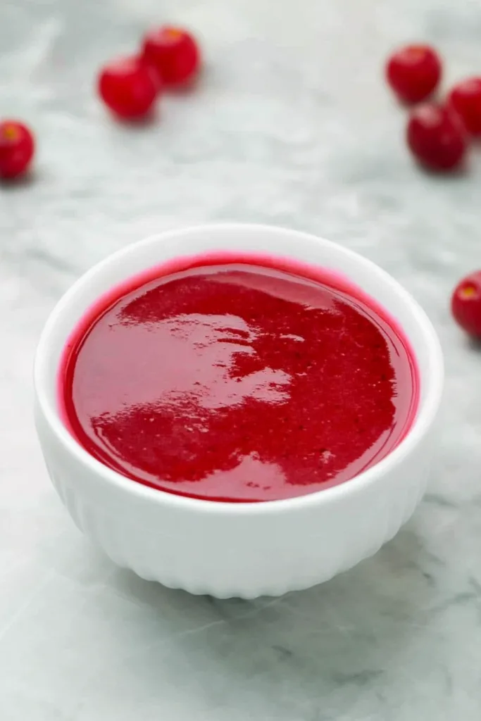 Final plated berry coulis in a bowl, paired with bright fruit accents for a fresh look.
