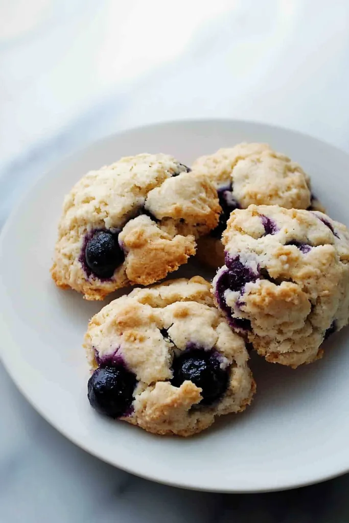 Freshly baked scones highlighting flaky texture and vibrant blueberry filling.