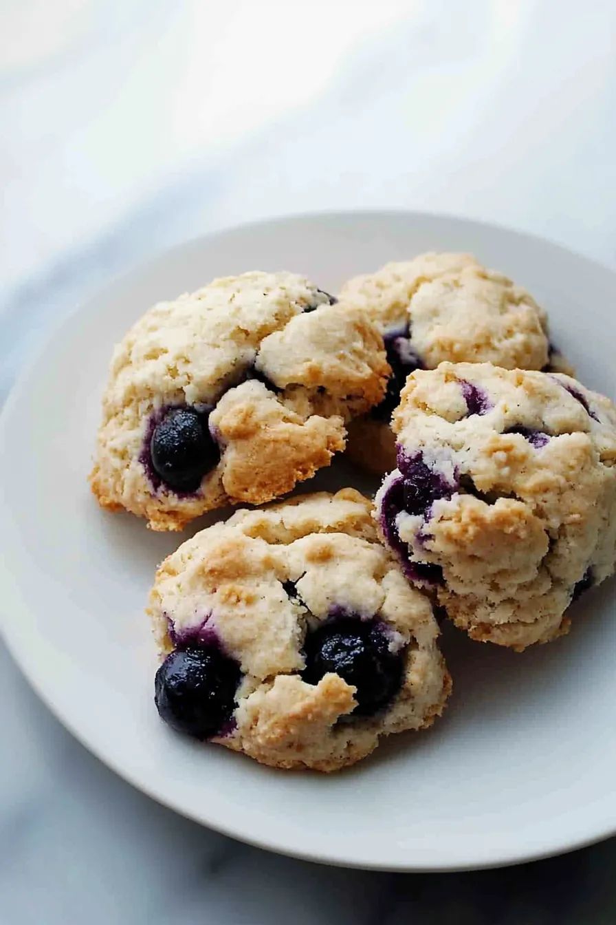 Freshly baked scones highlighting flaky texture and vibrant blueberry filling.