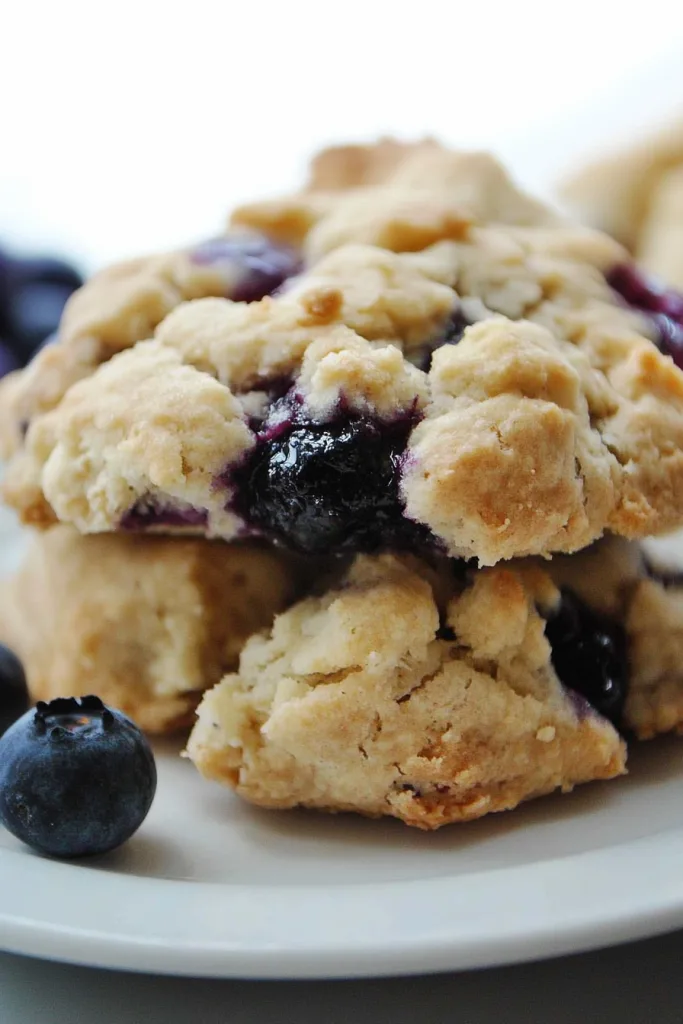Final plated blueberry drop scones arranged neatly, emphasizing rustic homemade appeal.