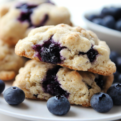 Stack of golden-brown scones on a white plate with fresh blueberries scattered around.
