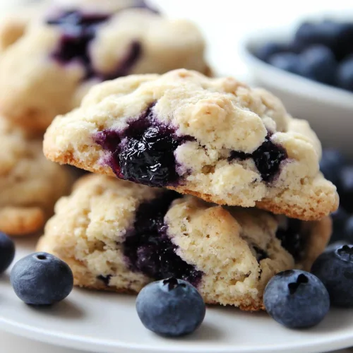 Stack of golden-brown scones on a white plate with fresh blueberries scattered around.