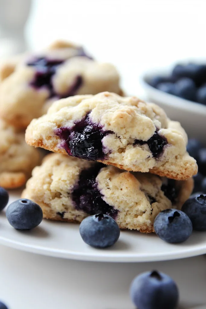 Stack of golden-brown scones on a white plate with fresh blueberries scattered around.
