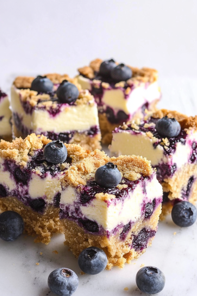 Close-up of cheesecake bars showing smooth lemon layer accented by purple-blue fruit swirls.