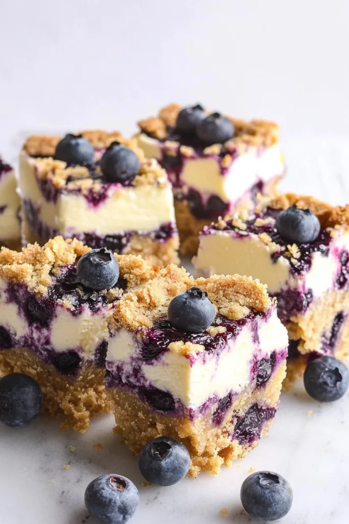 Close-up of cheesecake bars showing smooth lemon layer accented by purple-blue fruit swirls.