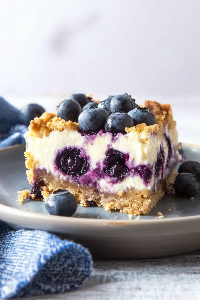 Final plated bars arranged neatly, with crumbs sprinkled and blueberries scattered for garnish.
