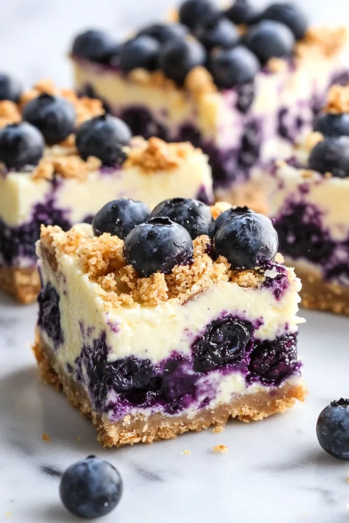 Square dessert bars with golden crust, creamy filling, and vibrant blueberry swirl topped with fresh berries.