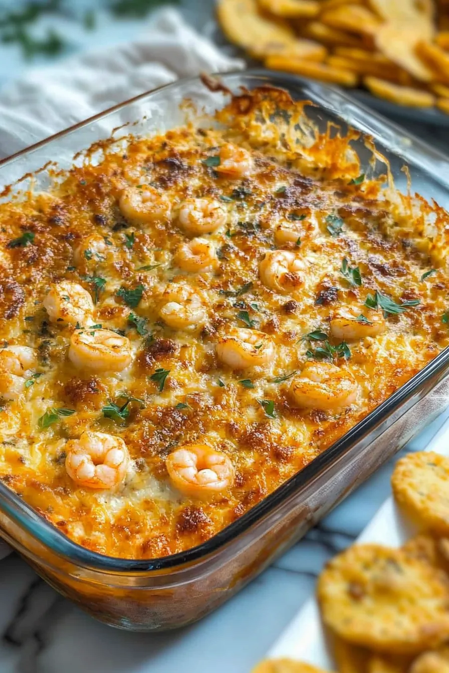 Homemade creamy dip baked until golden brown and served warm in a casserole dish.