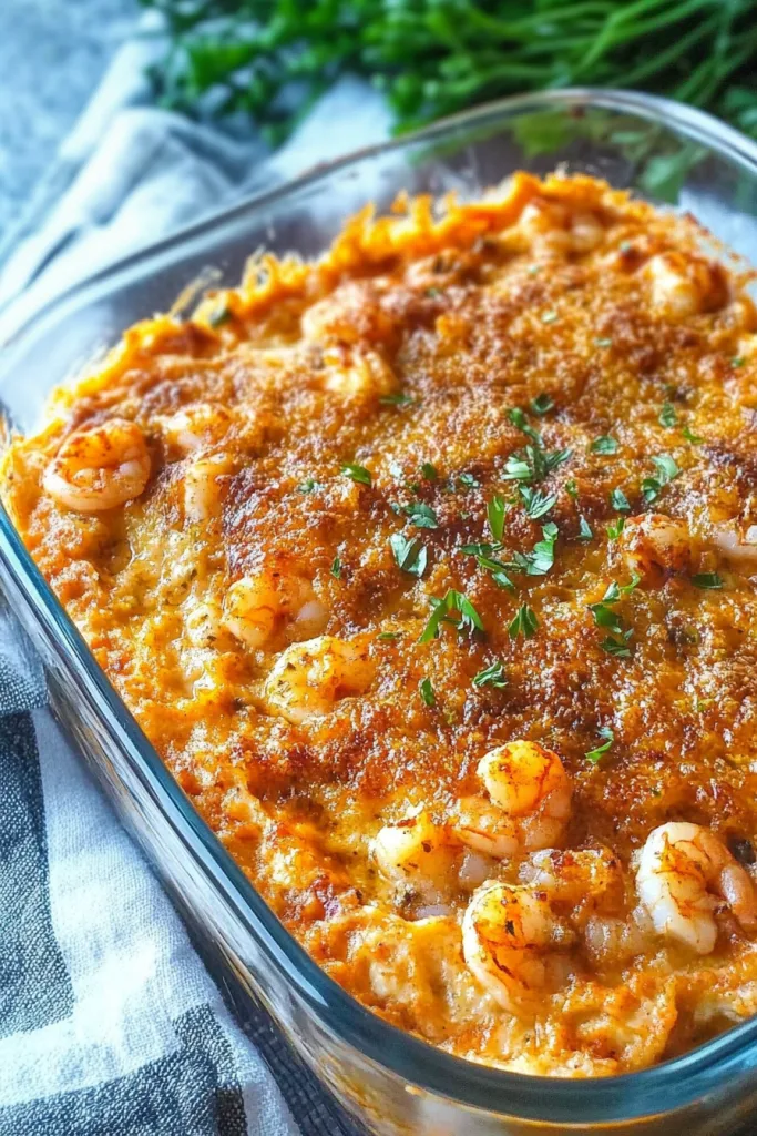 Creamy oven-baked appetizer with golden melted cheese and seasoned shrimp on top.