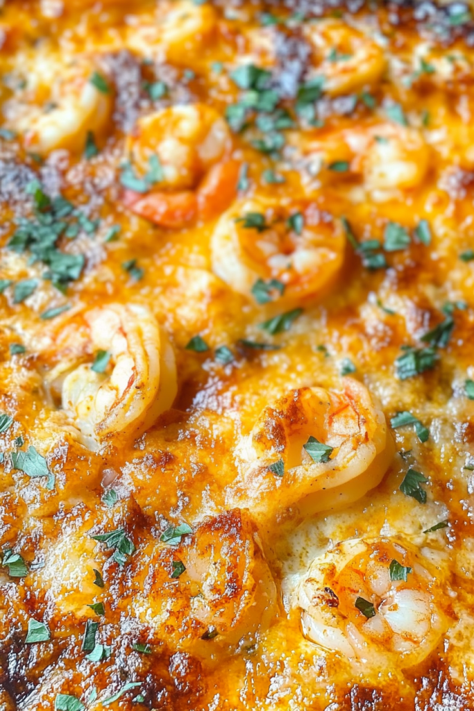 Hot party dip with a crispy cheesy topping and tender shrimp fresh from the oven.