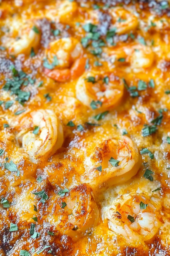 Hot party dip with a crispy cheesy topping and tender shrimp fresh from the oven.