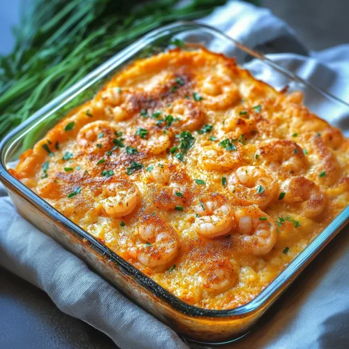 Baked cheesy seafood dip topped with shrimp and fresh parsley in a glass baking dish.