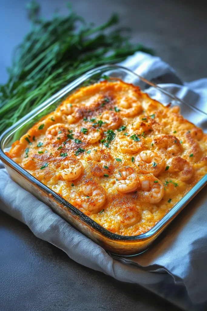 Baked cheesy seafood dip topped with shrimp and fresh parsley in a glass baking dish.
