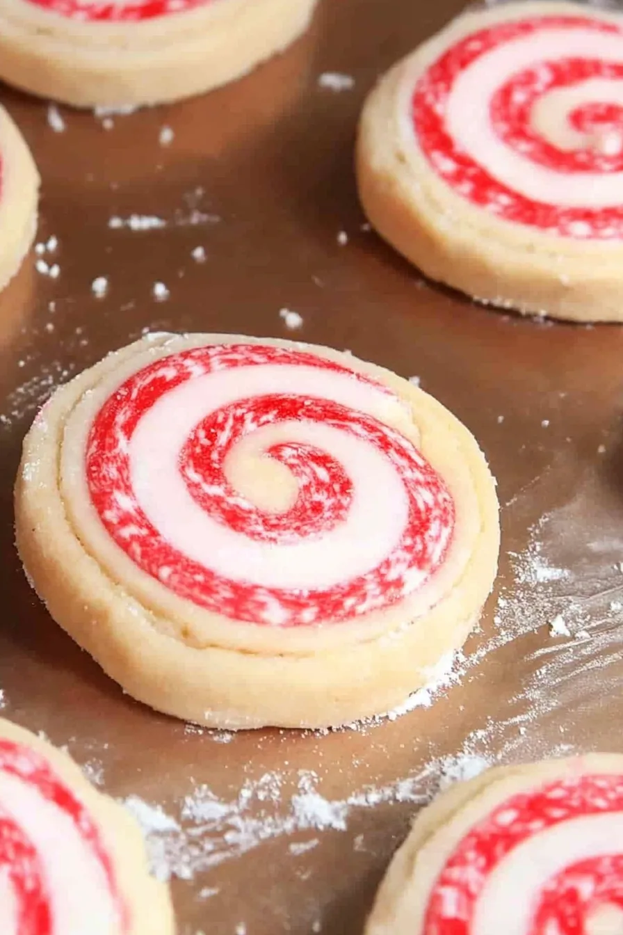 Batch of holiday cookies featuring bold red swirls against a white dough base.