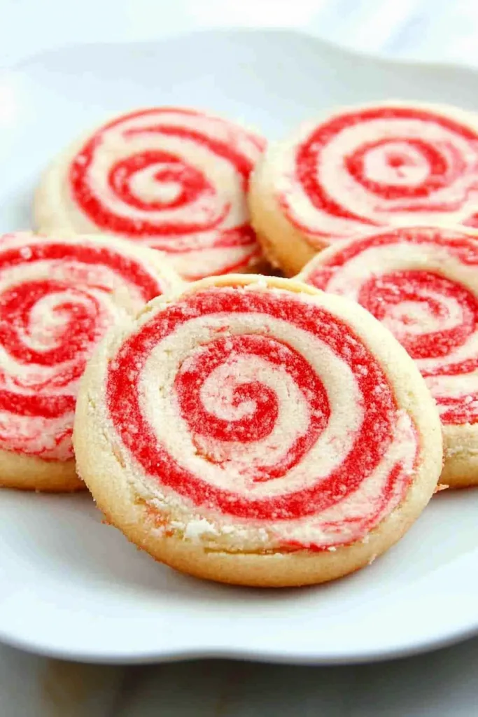 Candy cane pinwheel cookies stacked on a plate, highlighting their vibrant spiral pattern.