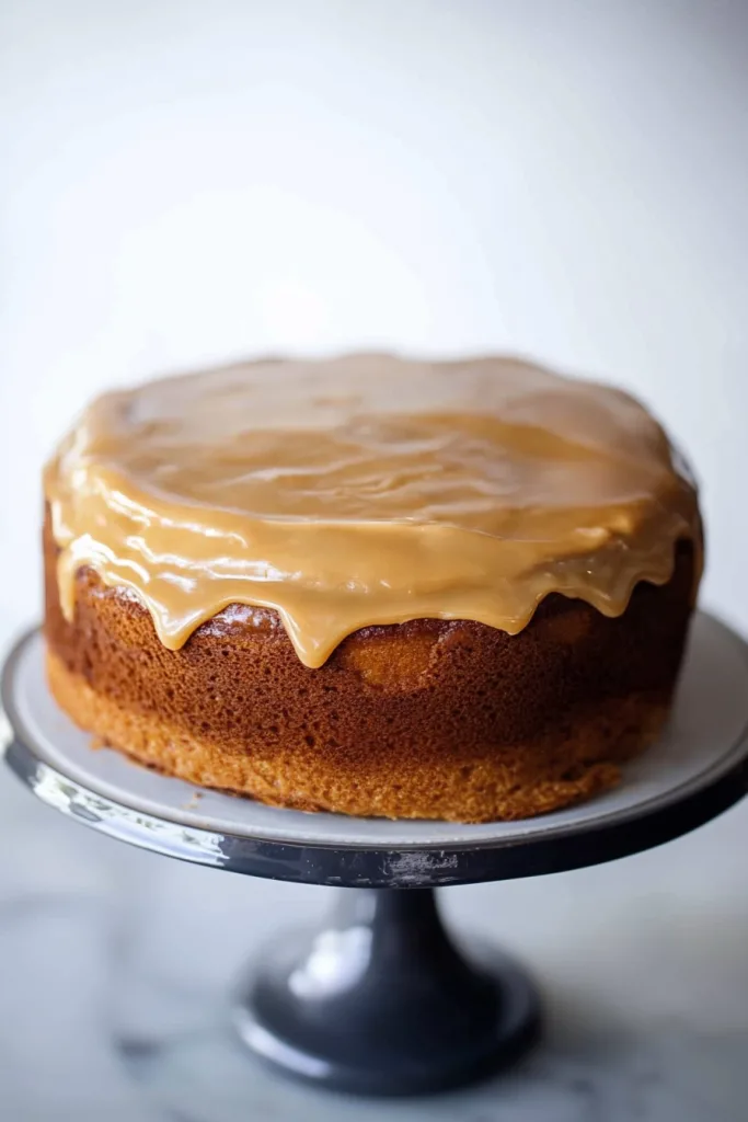 Whole cake on a rustic stand, showing smooth caramel frosting and a light sheen.