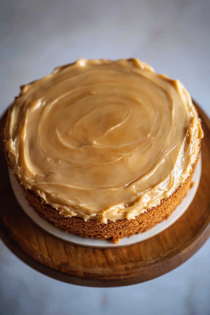 A close-up of a golden sponge cake topped with glossy caramel glaze.
