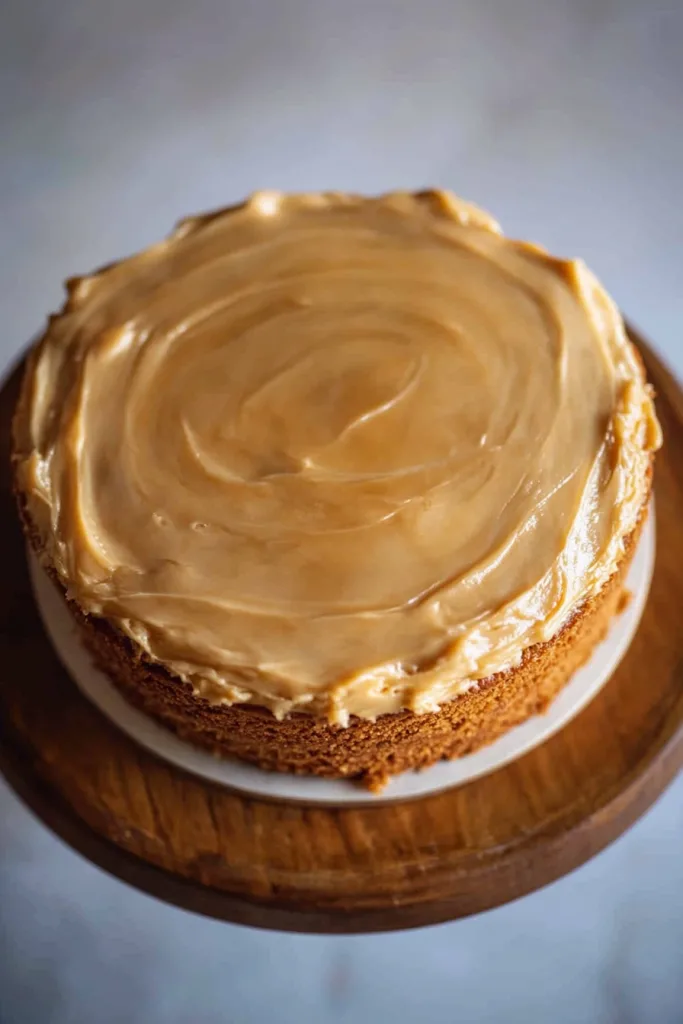 A close-up of a golden sponge cake topped with glossy caramel glaze.