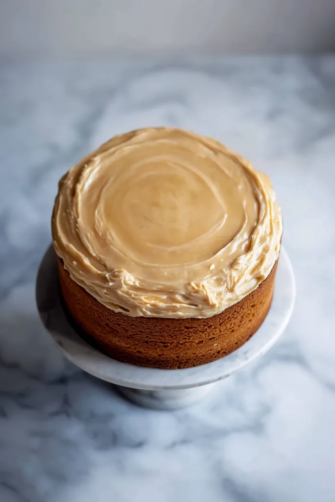 A freshly baked cake with smooth caramel icing glistening under soft light.
