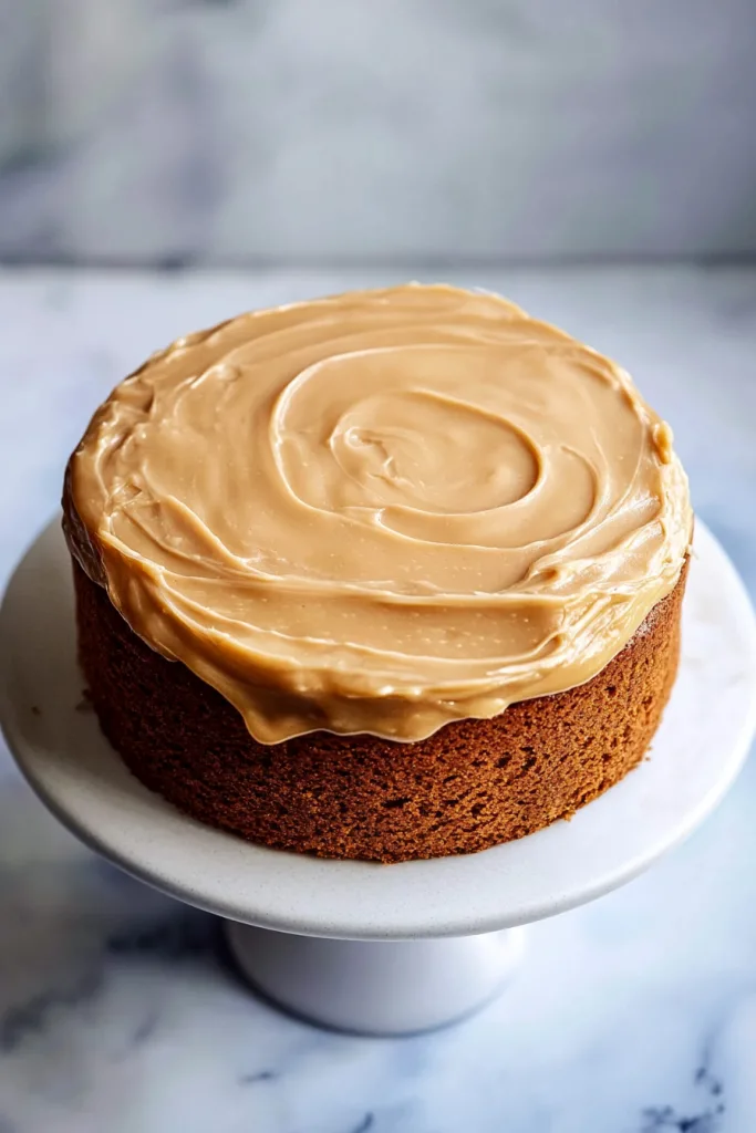 Decorated cake with a swirl of caramel sauce and a sprinkle of sea salt for garnish.